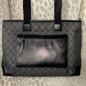 Gucci Black Denim and leather zip top tote bag